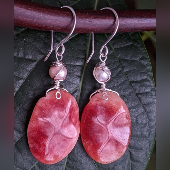 Strawberry Rhodochrosite Earrings Handmade In Pure Sterling Silver With Pearls - Picture 13 of 16